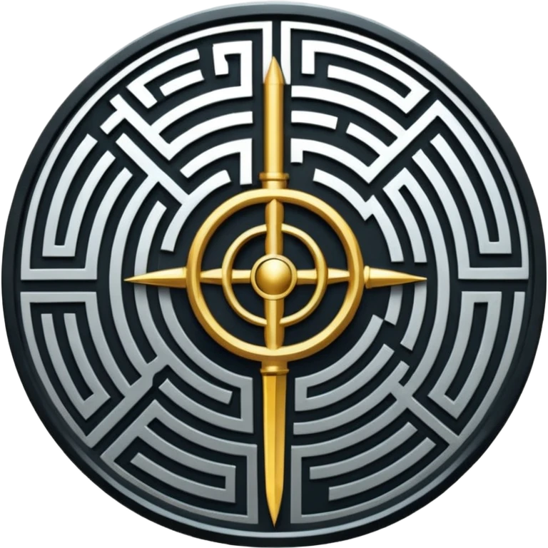 A vertical sword in the center of a circular maze, inside of which is embedded a thin astrolabe. The lines are strict, geometric, and symmetrical. The material is a dark metal (antimonium). The style is a minimalistic alchemical sign. emoji