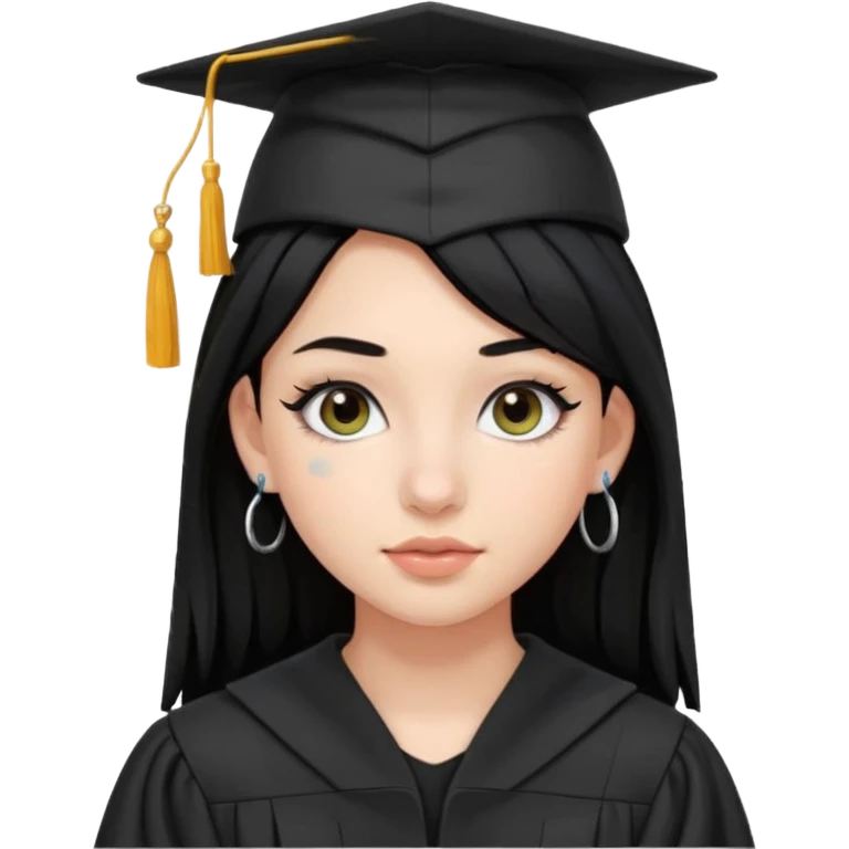 teenage girl emoji with black hair, bold makeup, nose piercing, wired earpods, wearing a graduation cap and gown, just graduated high school emoji