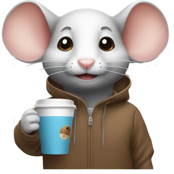 Mouse that brings coffee in the coffee place and has a hoodie emoji