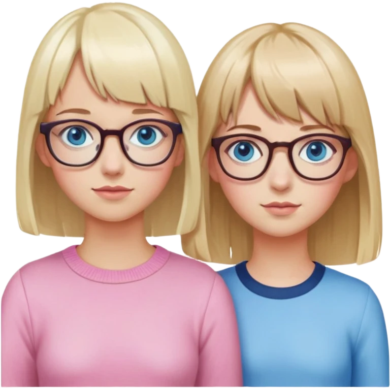 Can you make two girls, one tall one with, glasses blue eyes and blond shoulder length hair and bangs, and one with glasses, short pink hair, brown roots and blue eyes and bangs. emoji