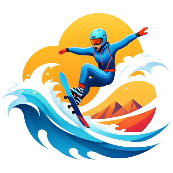 An emblematic symbol featuring a stylized figure in mid-action, representing extreme sports. The design incorporates dynamic lines and bold shapes, with elements like mountains, waves, and flying objects, capturing the thrill and adrenaline of various extreme sports in a single, unified icon. emoji