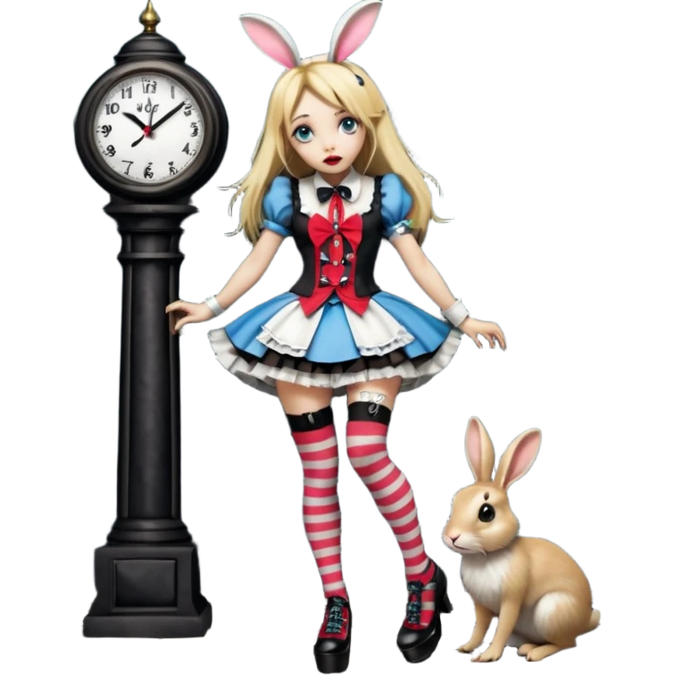  3d rendering,  ultra detailed, Alice in wonderland modern style in a punk gothic style outfit, stripped knee high socks, gothic platform heels, long blonde hair, eyeliner, red lipstick, falling through rabbit hole, with the clock,  transparent background
 emoji