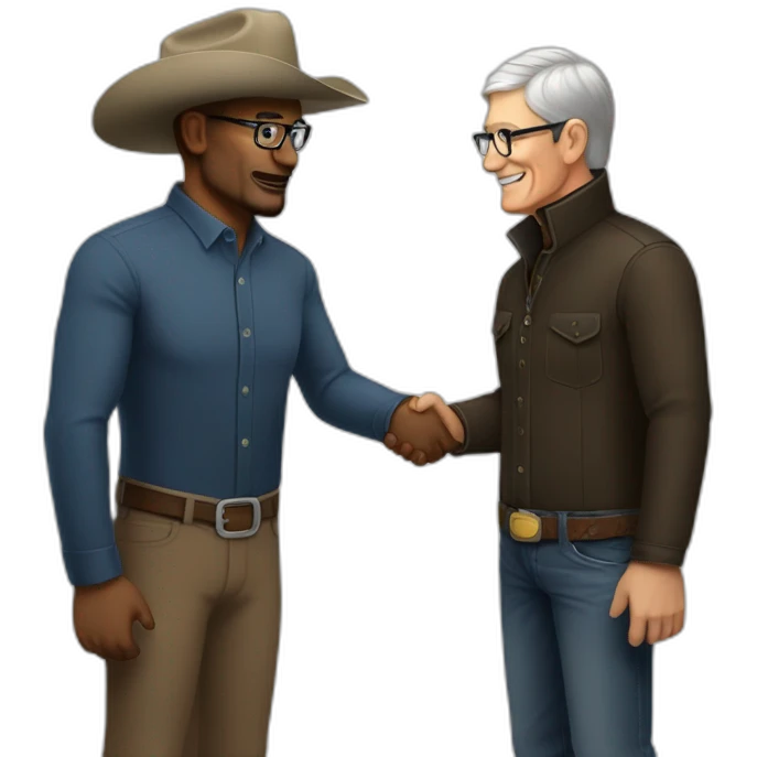 Tim Cook in turtle neck shaking hands with a cowboy emoji