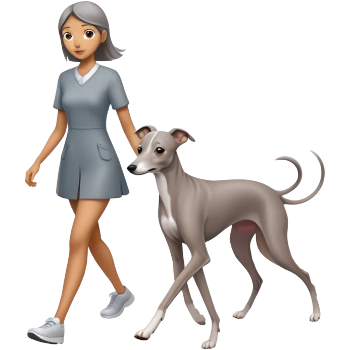 Beautiful Asian girl walking a solid grey Italian greyhound with absolutely no white markings, completely grey dog emoji