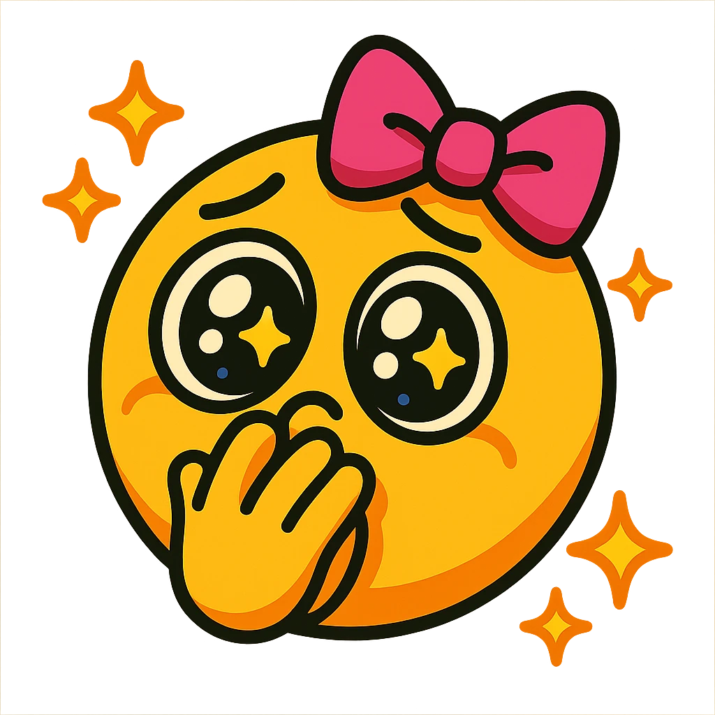 emoji fusing pleading face, hand over mouth, pink bow on head, big sparkling eyes, and sparkles around in vibrant toon style emoji