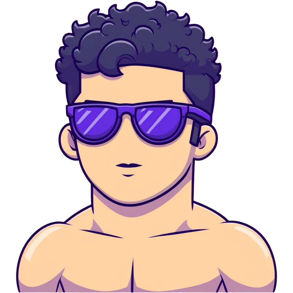 shirtless male athlete with white skin and moderately curly black hair on top with shaved sides, wearing purple sunglasses with black tinted lenses emoji
