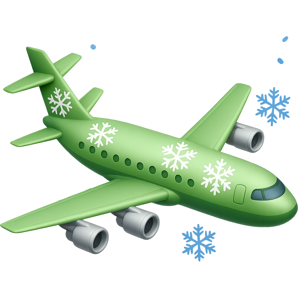 Make the airplane light green, keep the snow, and have no background. The style should maintain the original look with a transparent background. emoji
