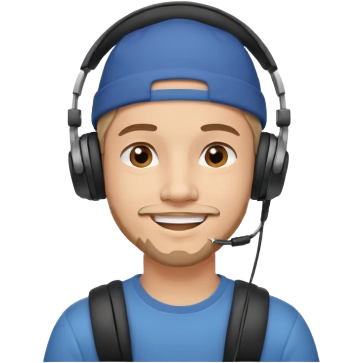 Only the head of a young guy smiling with headphones in his ears and a cap on his head turned back. emoji