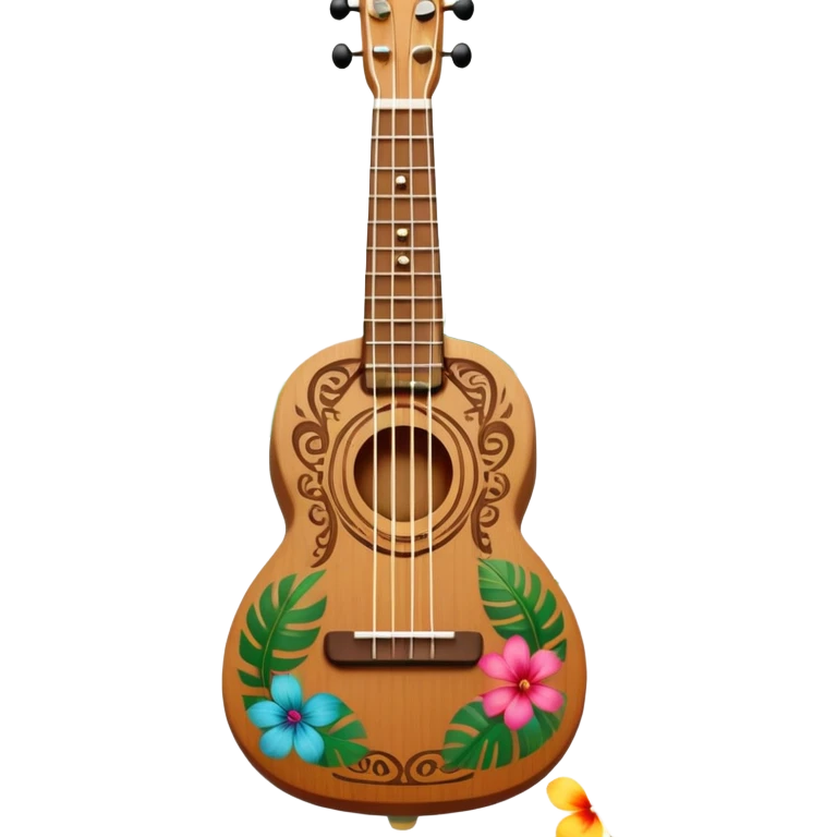 Ukulele with Polynesian carvings with flowers blooming behind it emoji