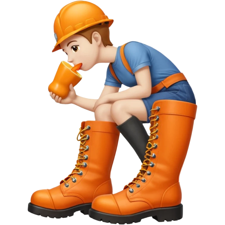 Person licking a large orange work boot emoji