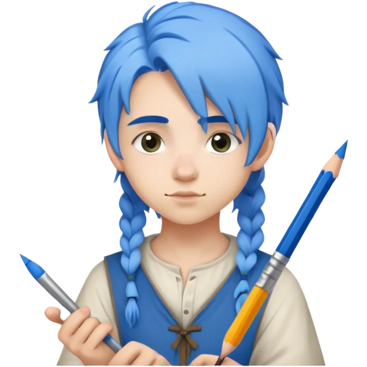 smart young painter apprentice with blu hair  drawing with pencil, medieval age emoji
