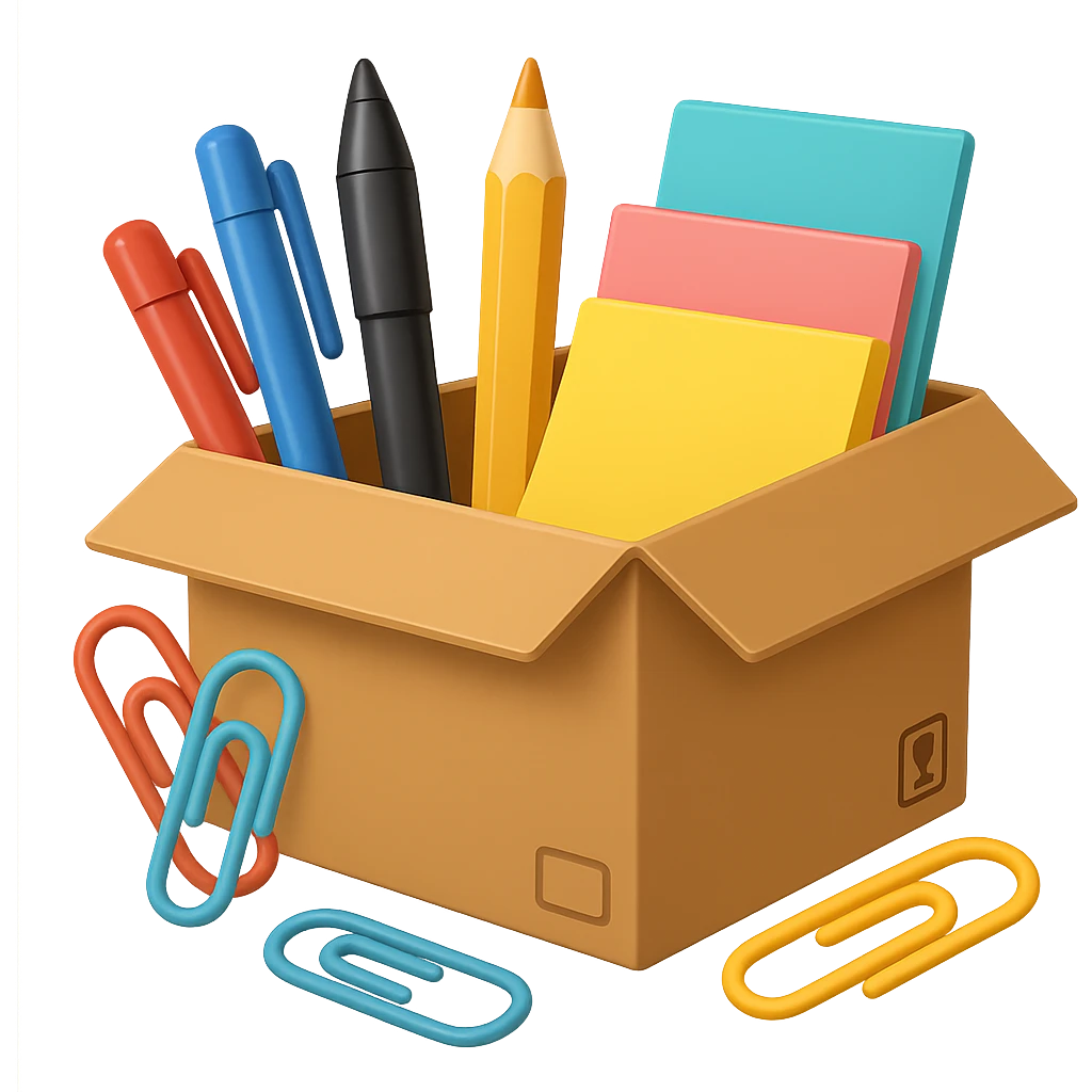 a cardboard box with assorted office supplies like pens, paper clips ...
