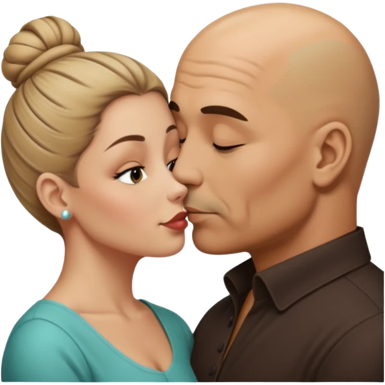 Mid aged Hispanic bald man kissing mid aged dark blonde white woman. She’s wearing a bun. emoji