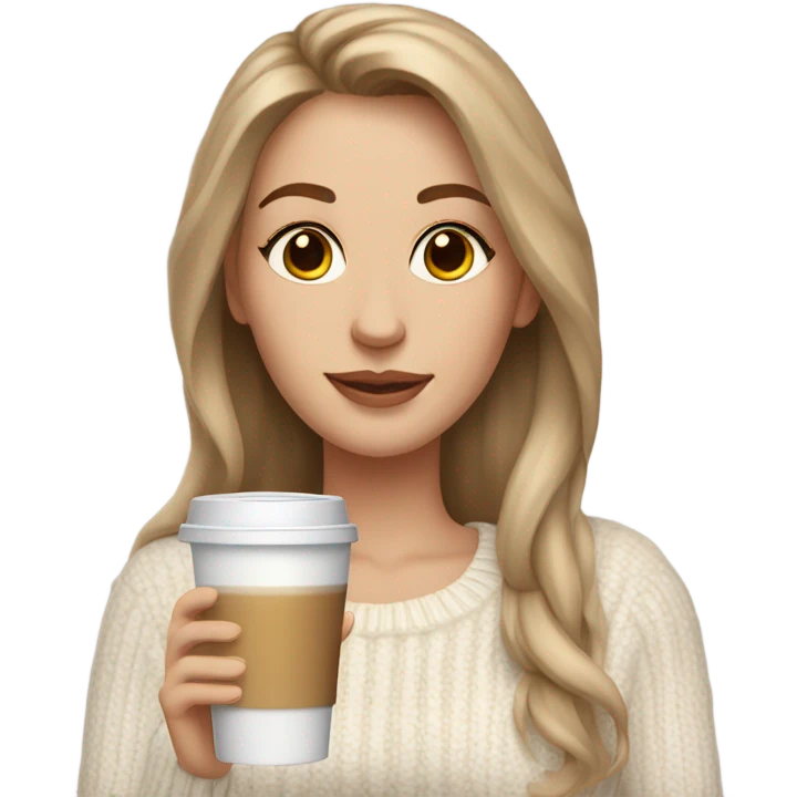 Beautiful white woman mom, long light brown hair, brown eyes, cozy holding an iced coffee, white sweater emoji