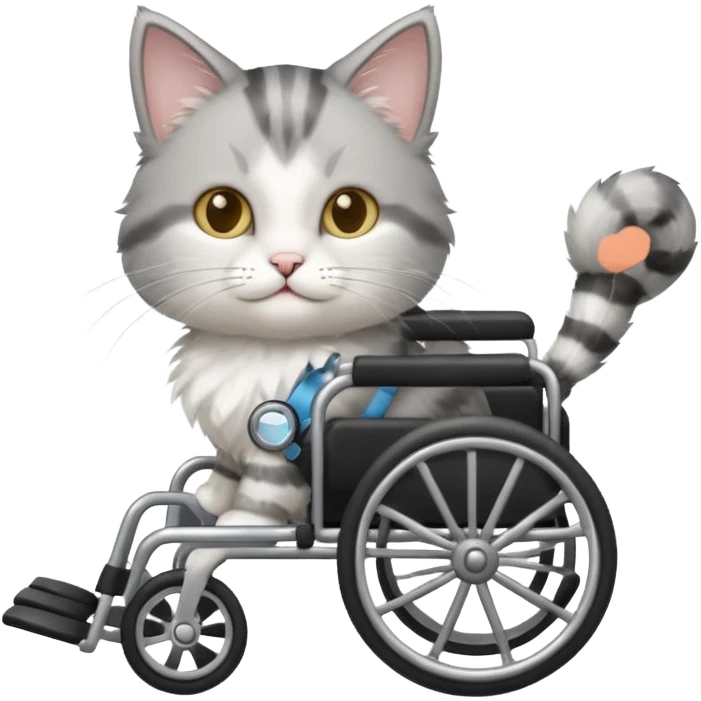 disabled grey and white small cat using a wheelchair made for cats emoji