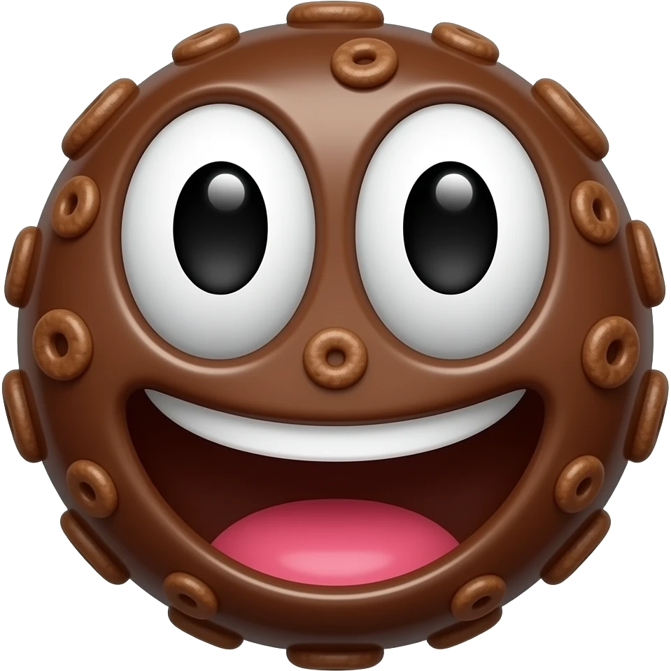 a round chocolate cereal hoop with fun emoji eyes and open mouth emoji
