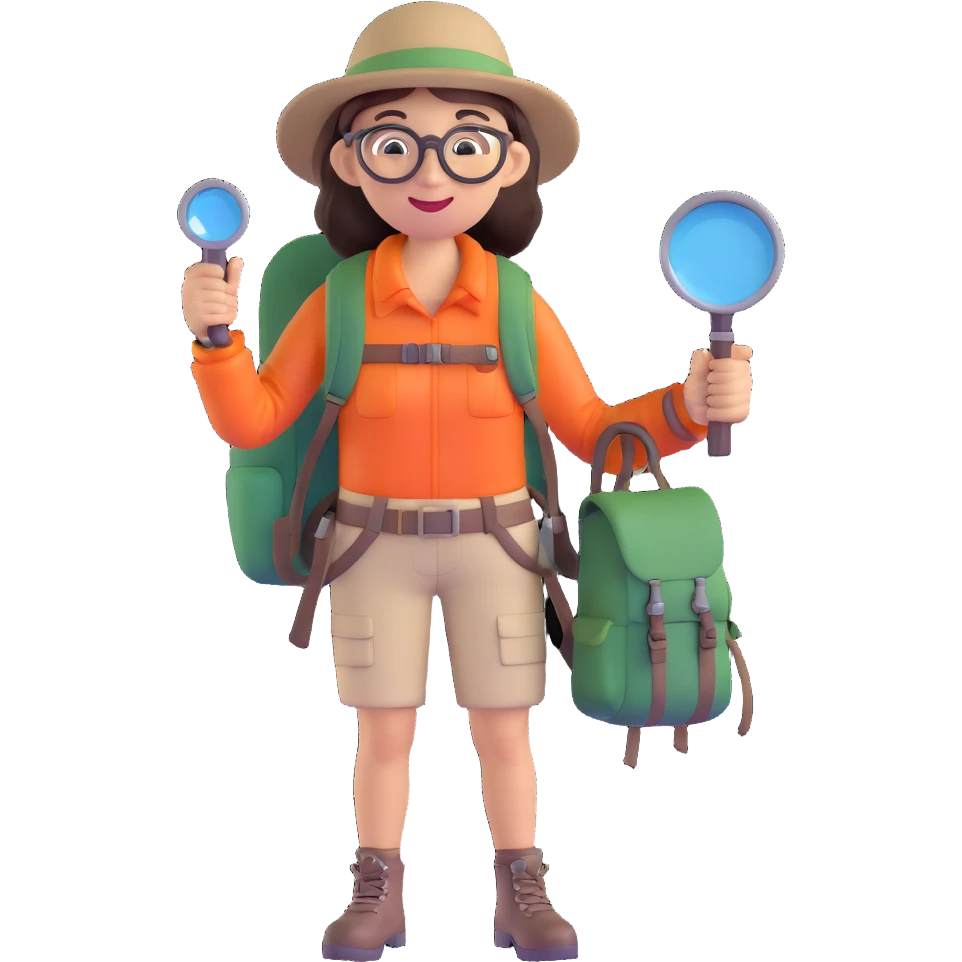 Happy female explorer with glasses, hiking outfit, backpack, holding a single magnifying glass emoji
