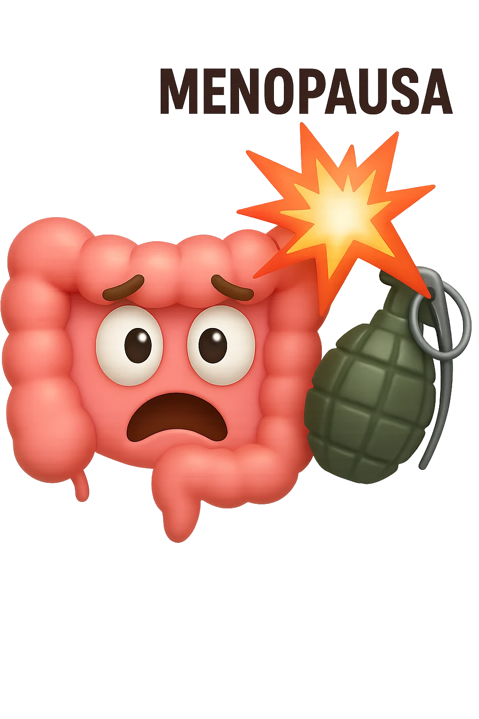 EMOJI STILE IPHONE 3D DI INTESTINO 3D CON ESPRESSIONE SPAVENTATA IN VOLTO MENTRE ACCANTO A LUI SCOPPIA UNA GRANATA 3D CON LA SCRITTA "MENOPAUSA" SOPRA, FAGLI ANCHE LA PARTE BIANCA DEGLI OCCHI, NON SOLO LA PUPILLA emoji