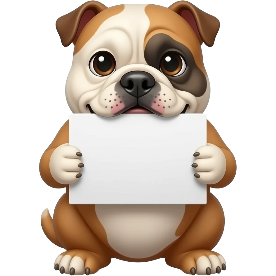 a bulldog holding a white sign with its mouth emoji