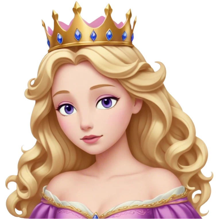 Cinematic Realistic Sleeping Beauty (Aurora) Portrait, with porcelain-like skin featuring a natural rosy flush, illuminated by soft lighting that highlights the gentle contours of her face. Her golden blonde hair flows in soft, detailed waves with subtle highlights that shimmer in the light. Her deep violet-blue eyes radiate warmth and innocence, framed by arched brows and long lashes. Her serene expression exudes quiet elegance. She is dressed in her classic pink gown, the fabric rich in texture with delicate folds that catch the light. A golden crown rests atop her head, gleaming with royal refinement. The portrait captures a soft, glowing aura, blending realism with an ethereal sense of beauty and timeless enchantment. emoji