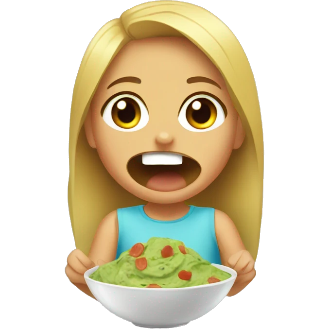 young girl eating guacamole with chips with a silly face emoji