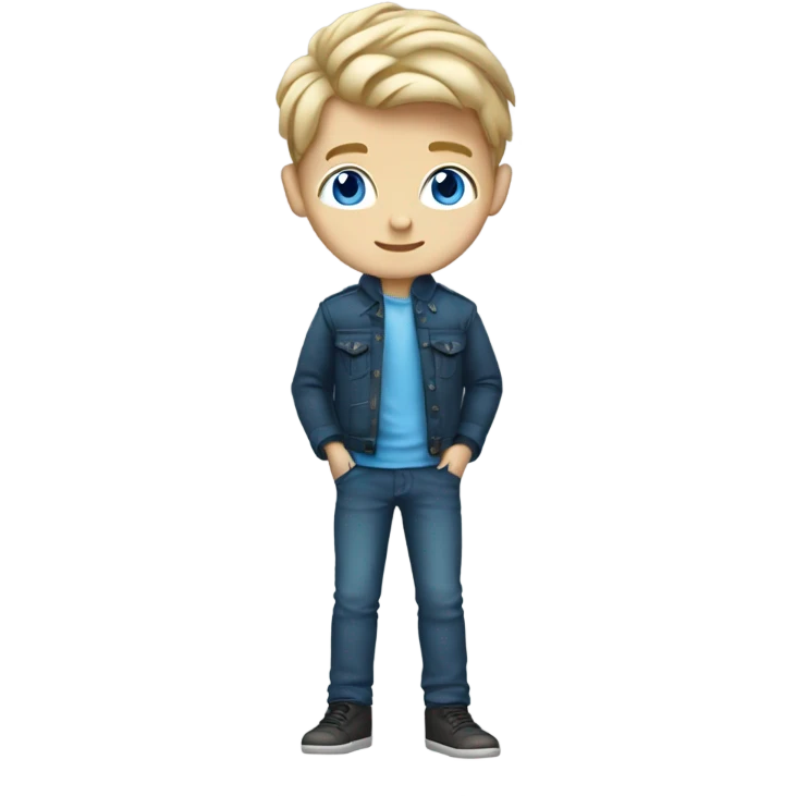 do a white skin boy with dirty blond hair and blue eyes full body arms legs and a chic outfit  emoji