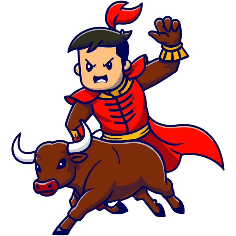 Matador in traditional costume waving red cape at angry bull emoji