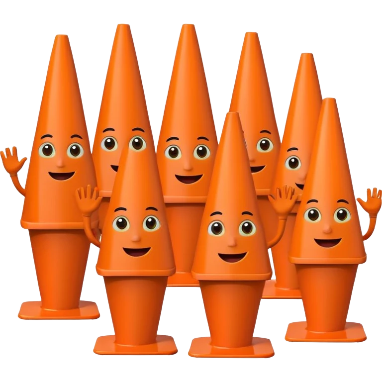 100 traffic cones with limbs and faces emoji