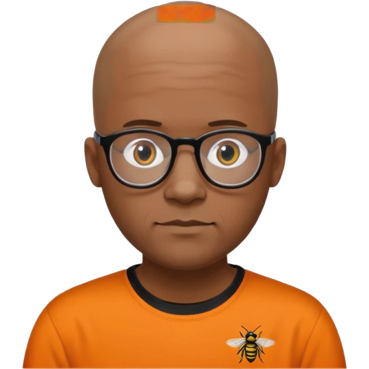 Derek, medium brown Black male, bald with black rimmed glasses, wearing an orange shirt with hornets written on the front in black with white trim emoji