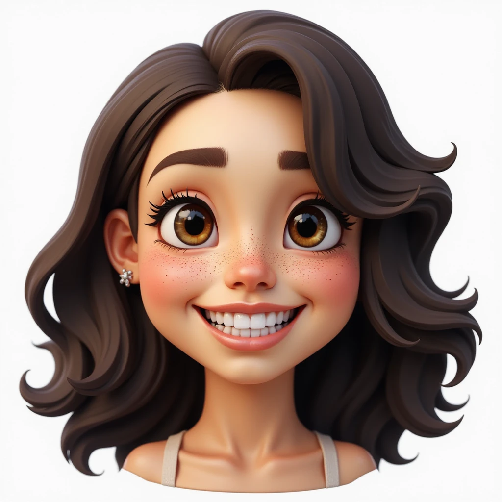 realistic emoji of a woman with dark curly shoulder-length hair, smiling broadly with visible teeth, expressive almond-shaped eyes, freckles, smooth glowing skin, friendly calm demeanor emoji