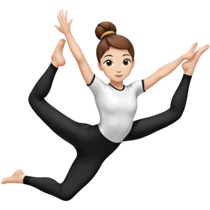 A female gymnast with brown hair in a neat bun, wearing black leggings and a T-shirt, performing an acrobatic move. emoji