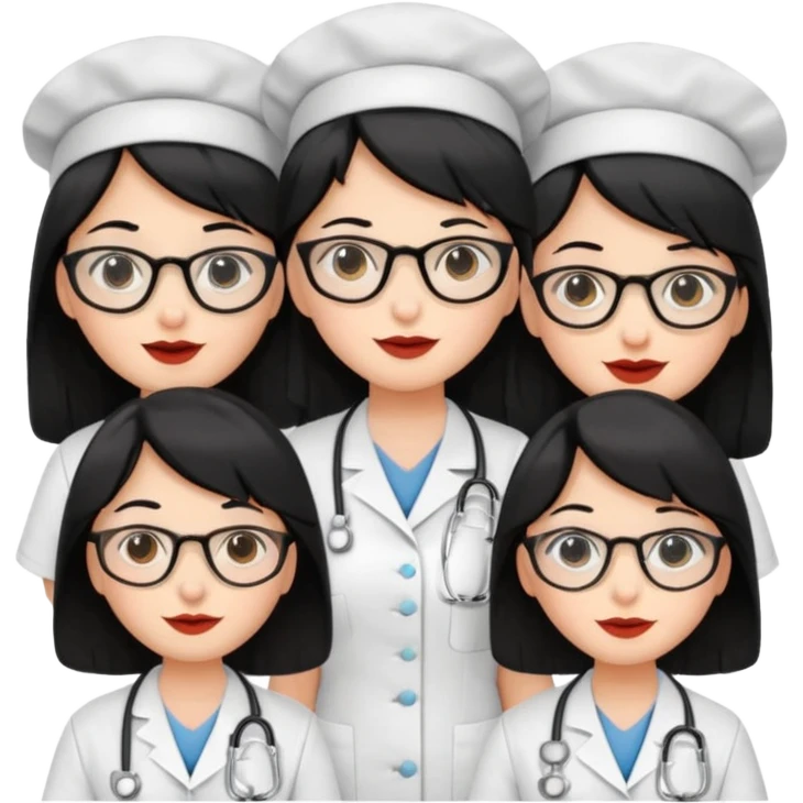 Genera un emogis con cuatro enfermeras pelinegra juntas, entre ellas una con lentes y otra con lunar encima del labio emoji