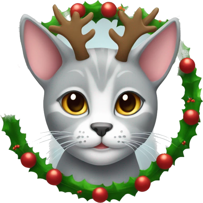a light gray cat with small ears wearing a Christmas wreath of reindeer antlers emoji