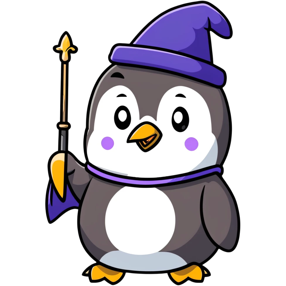 penguin dressed as a wizard with magic wand and wizard hat emoji