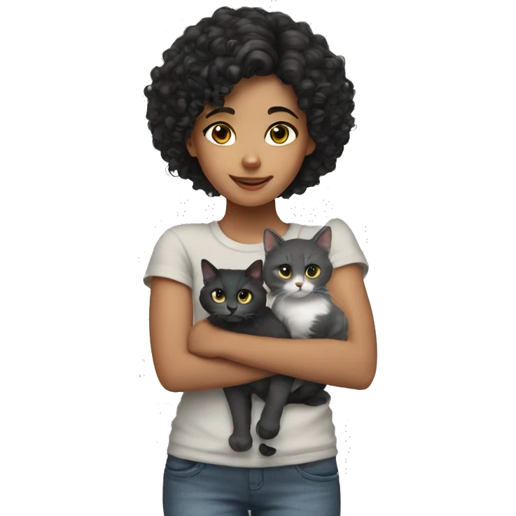 Girl with black curly hair and  gray cat emoji