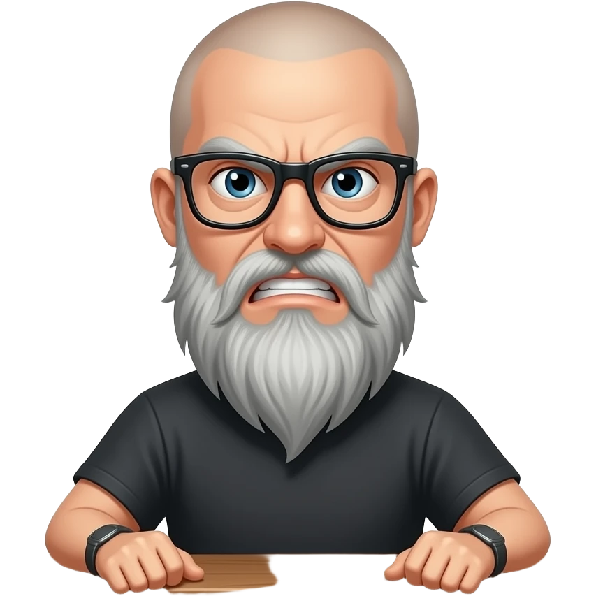 skinhead man with long greyish beard black glasses “Fuuuuuccccckkkkkk….” speech bubble with angry gamer man hands elbow on desk emoji