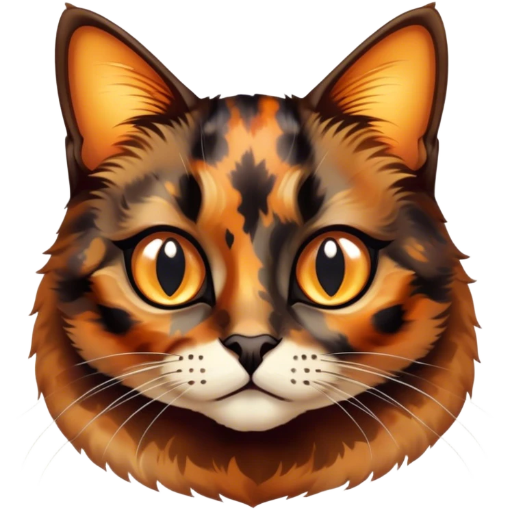 Cinematic Cute Tortoiseshell Cat Portrait Emoji, Head cocked sweetly with bright, curious eyes and a cuddly, mottled fur of rich browns and blacks, simplified yet charmingly adorable, highly detailed, glowing with a warm, gentle radiance, high shine, playful and endearing, styled with a dash of whimsical feline magic, soft glowing outline, capturing the essence of a cute tortoiseshell cat that seems ready to pounce with affectionate mischief! emoji