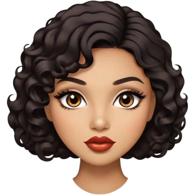 Glamourous, light brown skin tone, very beautiful woman, with big plump lips, long long lashes, black curly smooth short hair, straight parting hair, brown eyes emoji