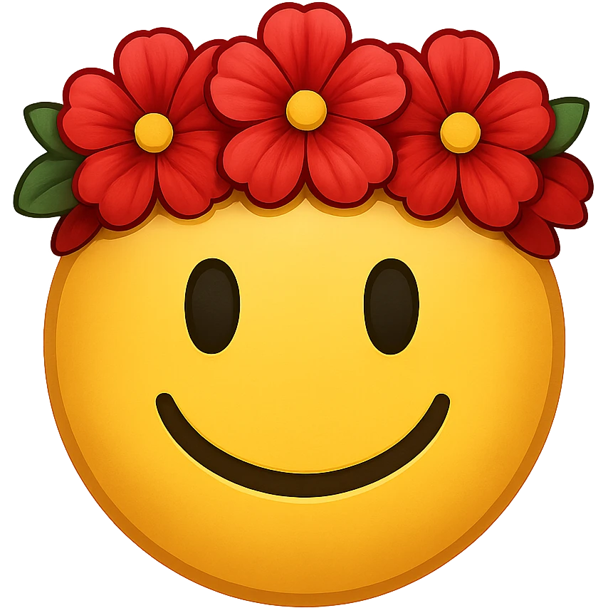 yellow face with red flower crown emoji, digital illustration, remove background emoji