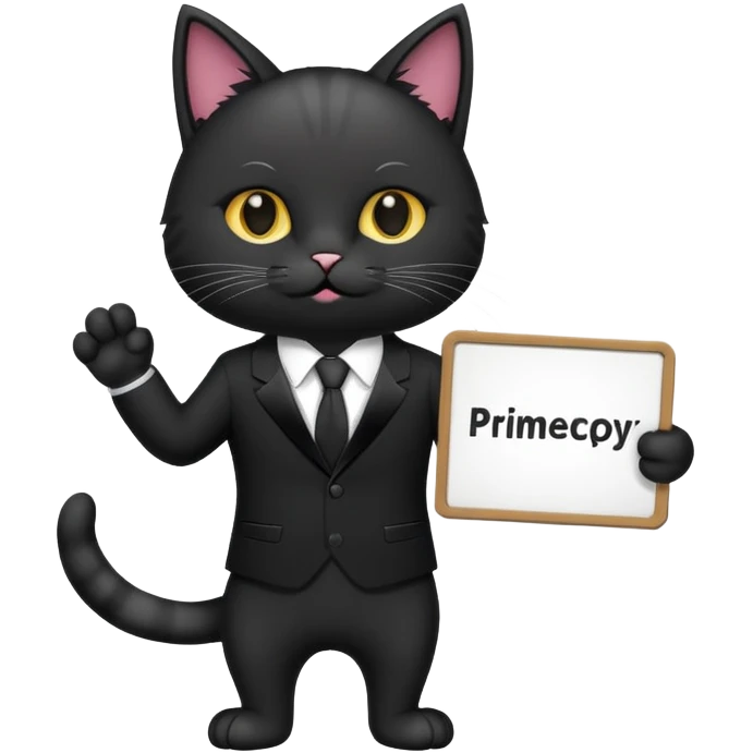 Cat in a black suit holding a sign with the inscription "PrimeCopy" emoji