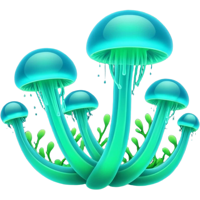 3D render of Plankton Wave, bioluminescent deep sea style, glowing neon blue and green lights, dark background to contrast the glow, translucent organic textures. emoji