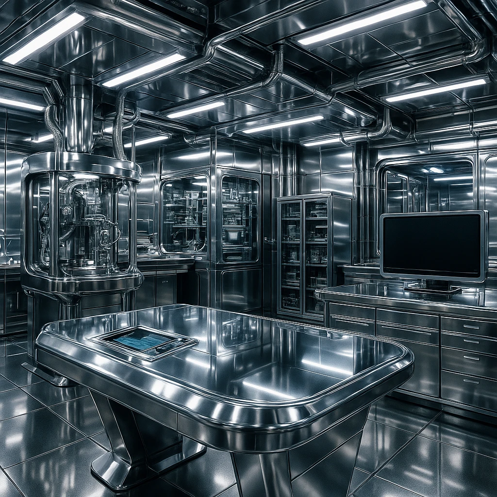 chrome style tech lab, shiny metallic surfaces, high-tech feel emoji