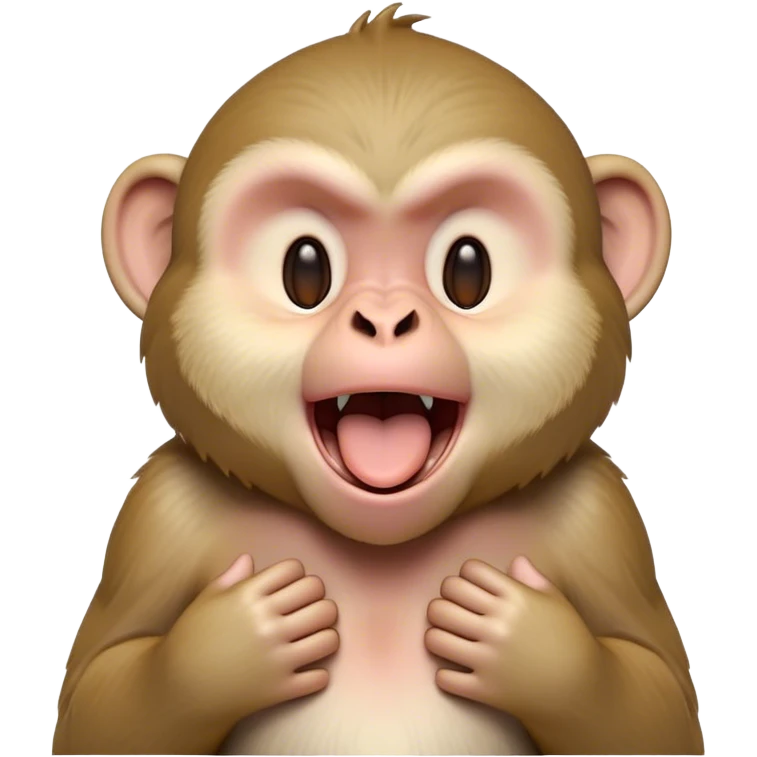 Cinematic Cute Yawning Macaque Portrait Emoji, Head tilted slightly with a dramatic, wide-open yawn, showcasing a gently textured face with half-closed, sleepy eyes and an open, relaxed mouth, Simplified yet irresistibly adorable features, highly detailed, glowing with a soft, cozy glow, high shine, relaxed yet expressive, stylized with a dash of whimsical charm, soft glowing outline, capturing the essence of a drowsy yet affectionate primate that appears ready to stretch out for a nap! emoji