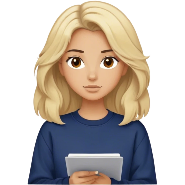 blonde model, brown eyes, medium voluminous hair, comfy navy sweatshirt, writing emoji