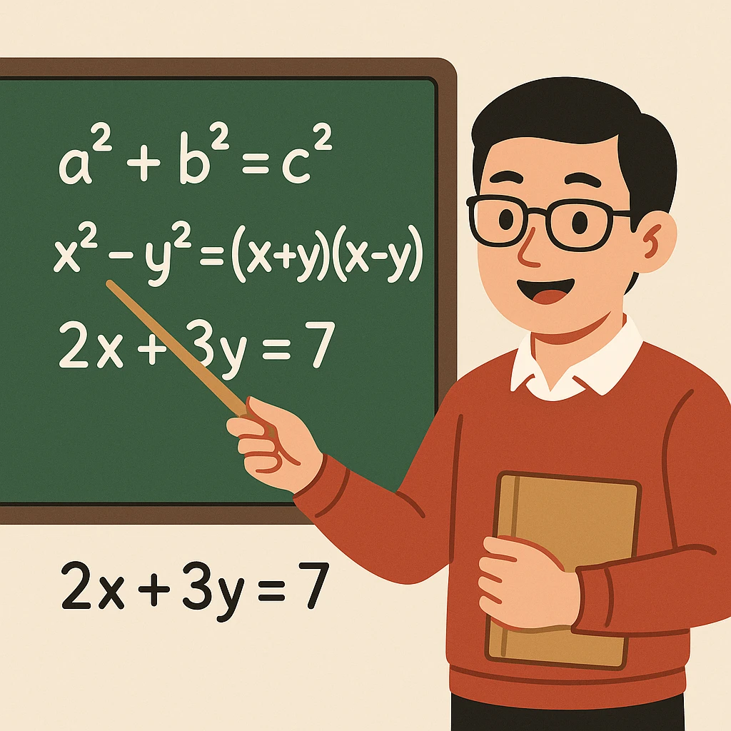 flat toon style Chinese math teacher with glasses pointing at math equations emoji