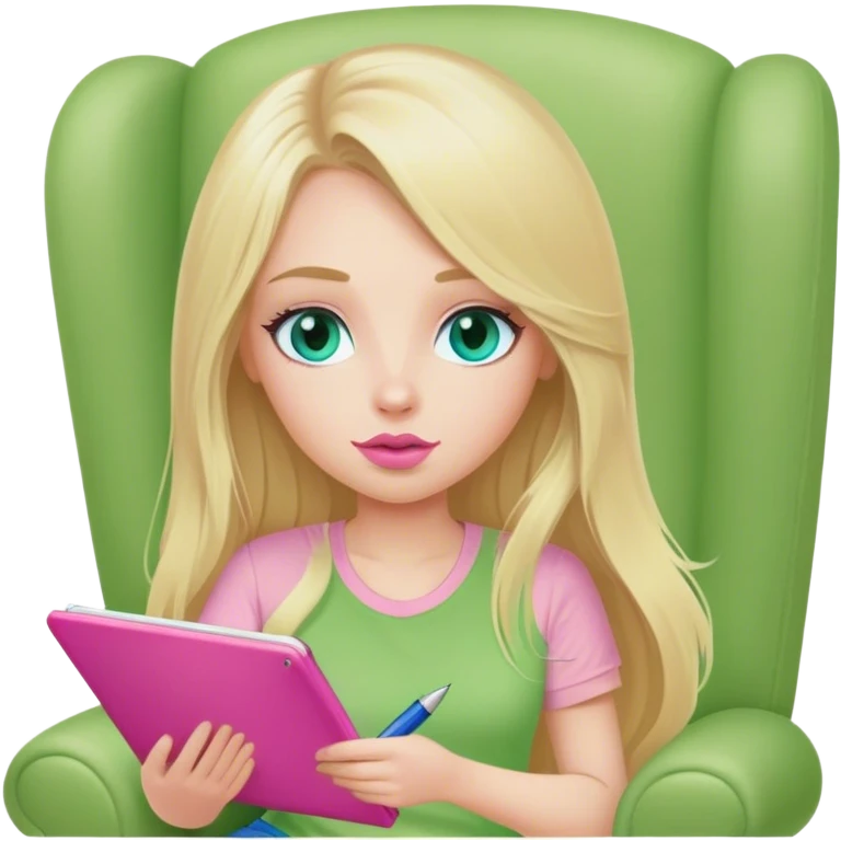 Cinematic realistic blonde with long hair, blue eyes and pink lips, dressed in a green T-shirt, sits in a beige armchair with a pink notebook and pen in her hands emoji
