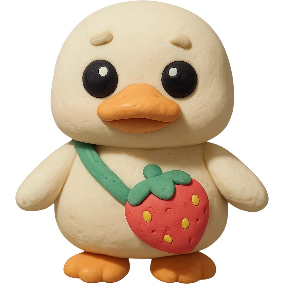 cute white duck with a strawberry-shaped shoulder bag, kawaii 3D clay style, pastel colors, big shiny eyes, soft lighting, chibi aesthetic emoji