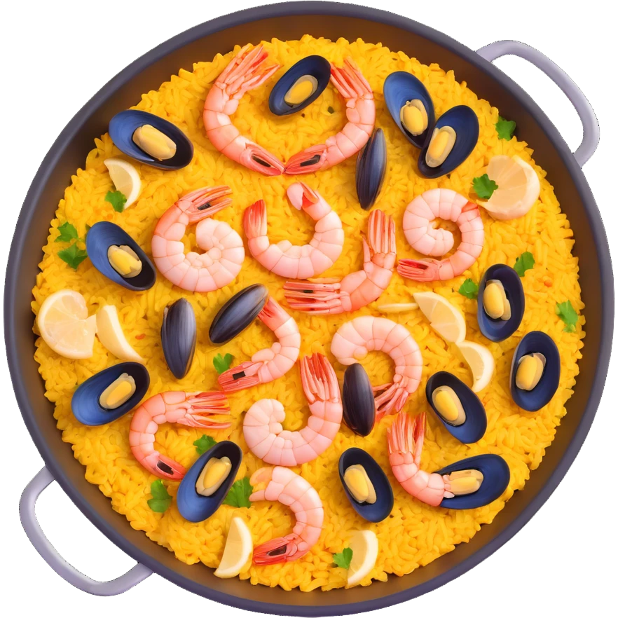 traditional Spanish seafood paella with shrimp, clams, mussels, saffron rice in a paella pan emoji