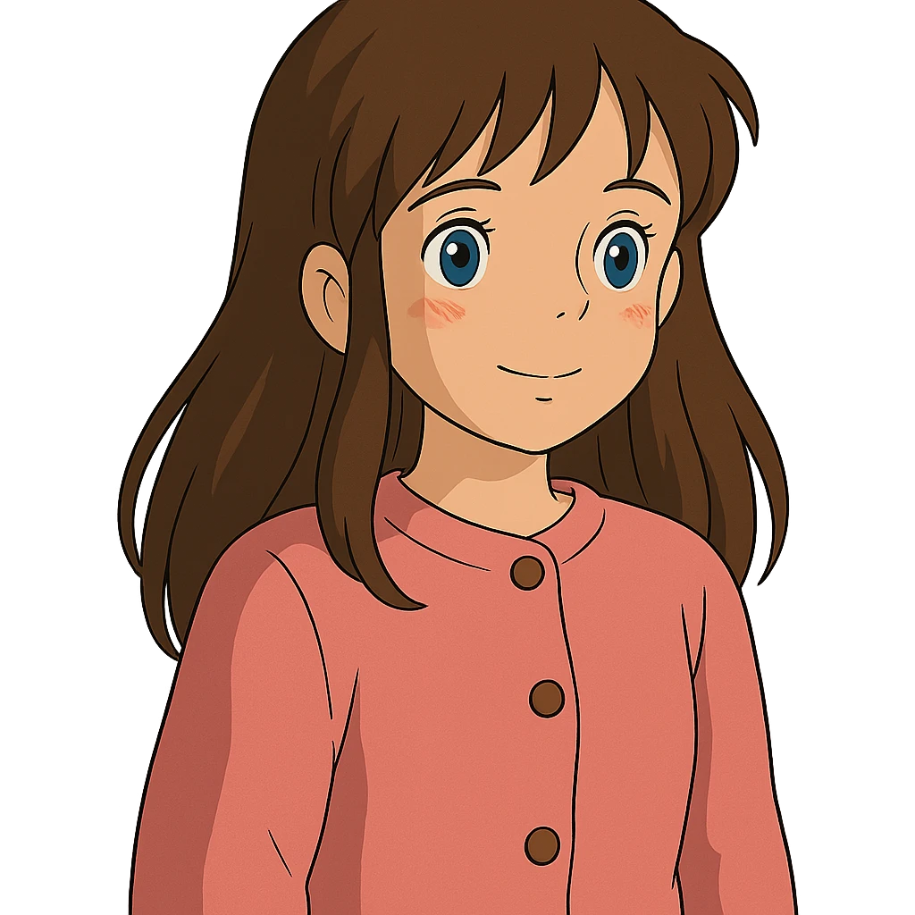 ghibli style cute girl with long brown hair and blue eyes, wearing a pink cardigan with buttons emoji