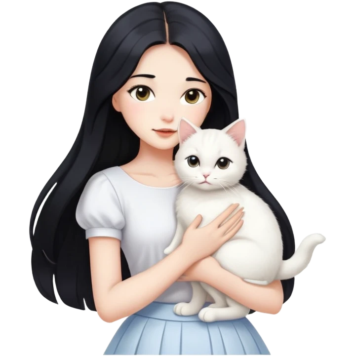 A beautiful girl with long black hair wearing a white skirt holds a cute white cat in her arms emoji